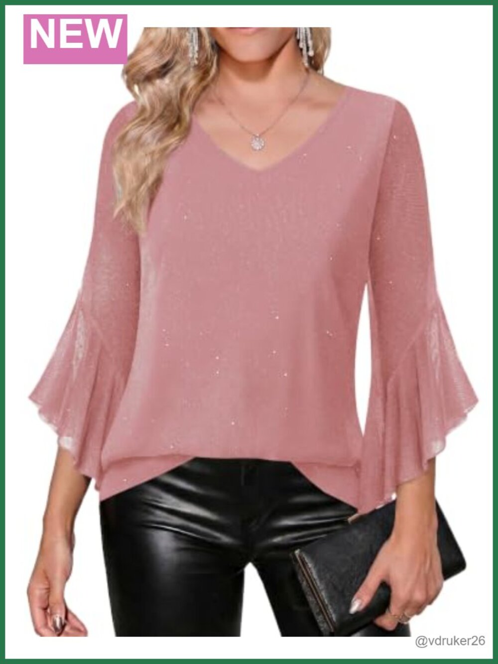 Zeagoo Womens Ruffle 3/4 Sleeve Sequin Mesh V Neck Blouse Top